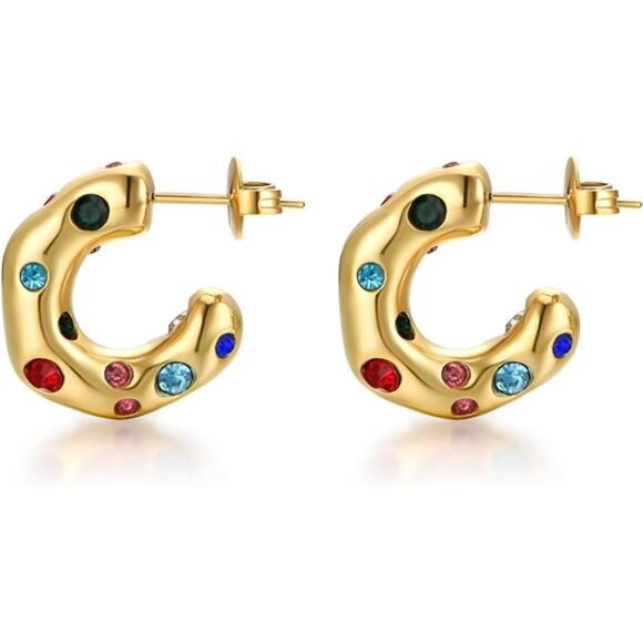 Multicolor Cubic Zirconia Huggie Hoop Earrings – 14K Gold Plated - Picture 1 of 5